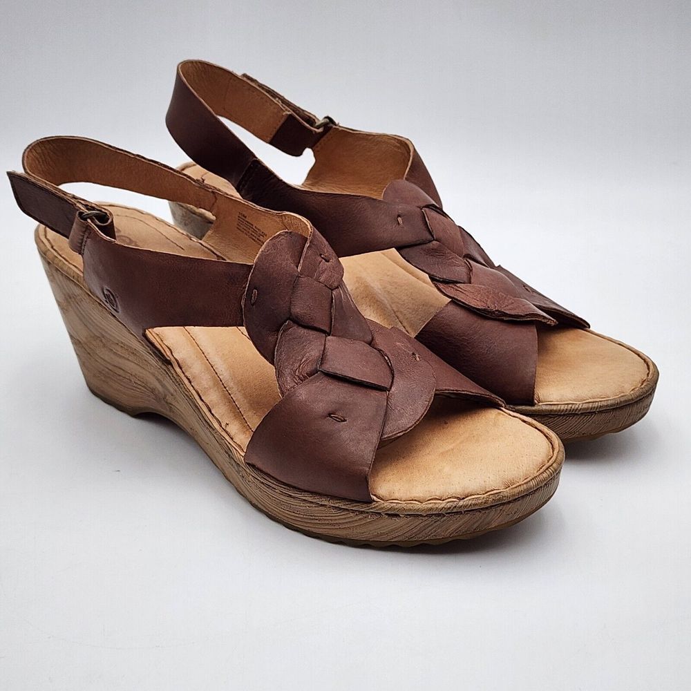 Born Womens Brown Nina Leather Strappy Comfort Wedge‎ Platform Sandal Size 10 M